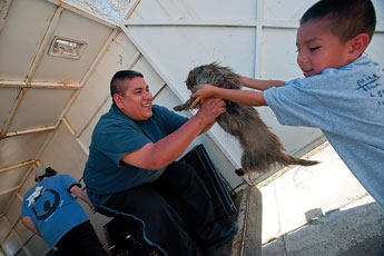 Bryan Kelhoyouma, 6, right, hands his dog Mario to 0526-CH-F1b-Window Rock Grad SAhis father TK Kelhoyouma into a Gallup Humane Society transport trailer for neutering in Ramah Navajo. 